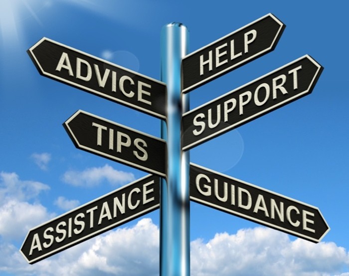 Directional signpost with advice, help, tips, support, assistance, guidance